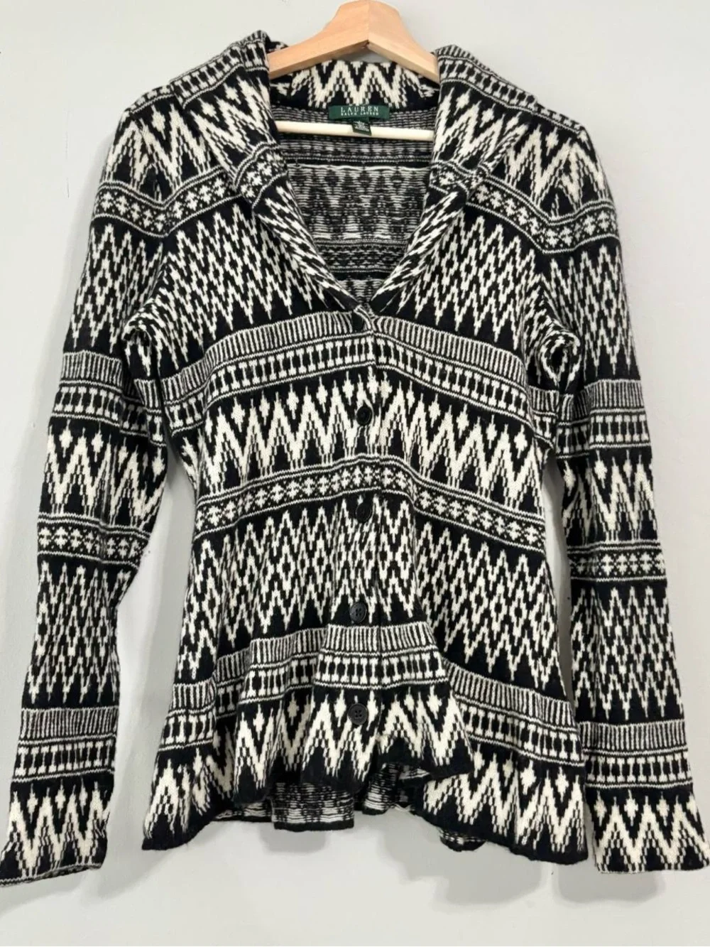 Lauren Ralph Lauren Fair Isle Knit Peplum Hem Lambswool Blend Cardigan Sweater - Picture 1 of 7